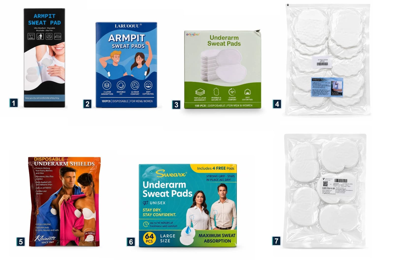 The seven underarm sweat pad packages compared by ChoiceCheckLab, arranged together on a white background.