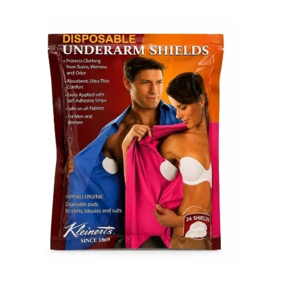 Kleinert's disposable underarm shield retail package with Since 1869 branding.