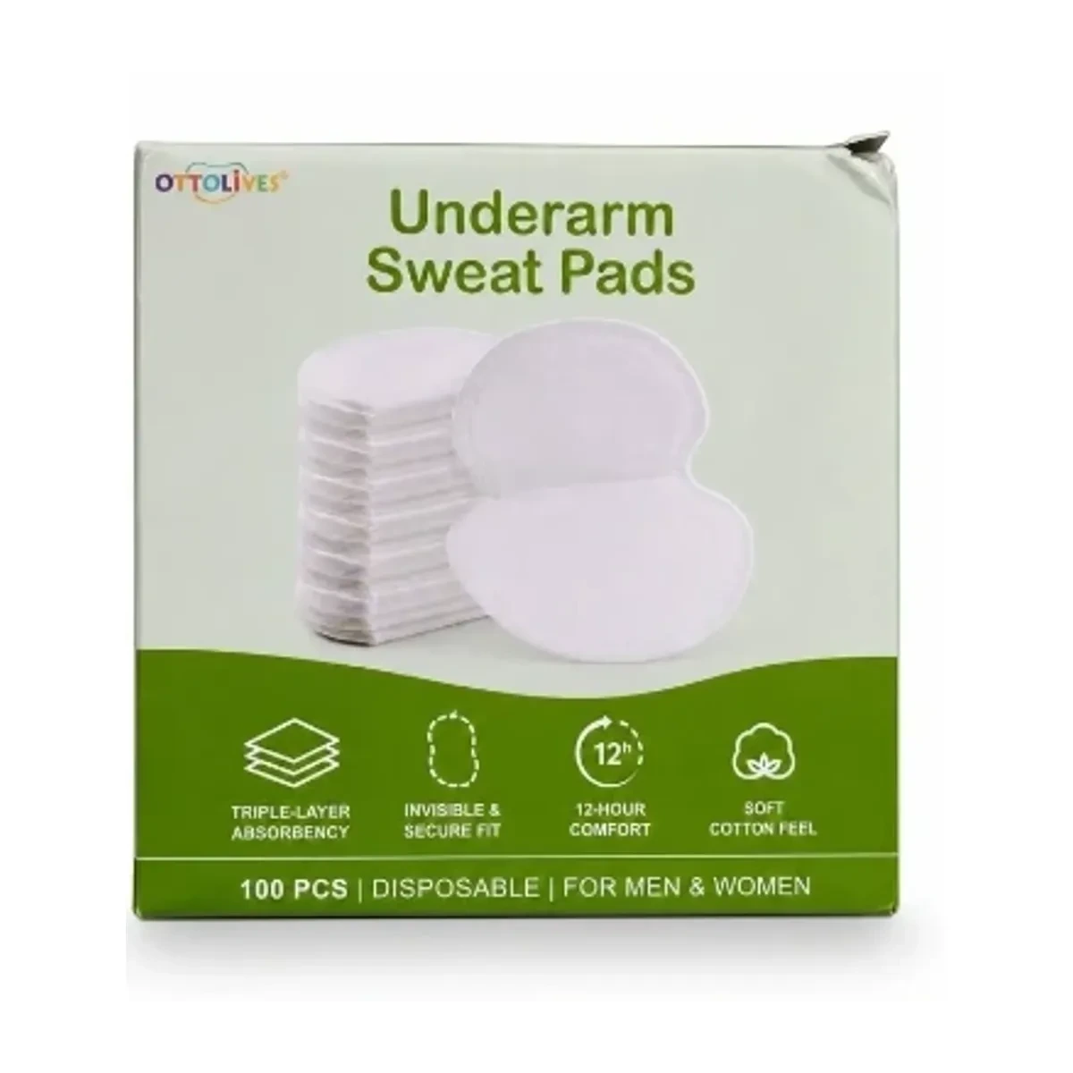 Green OTTOLIVES 100-count underarm sweat pad package.
