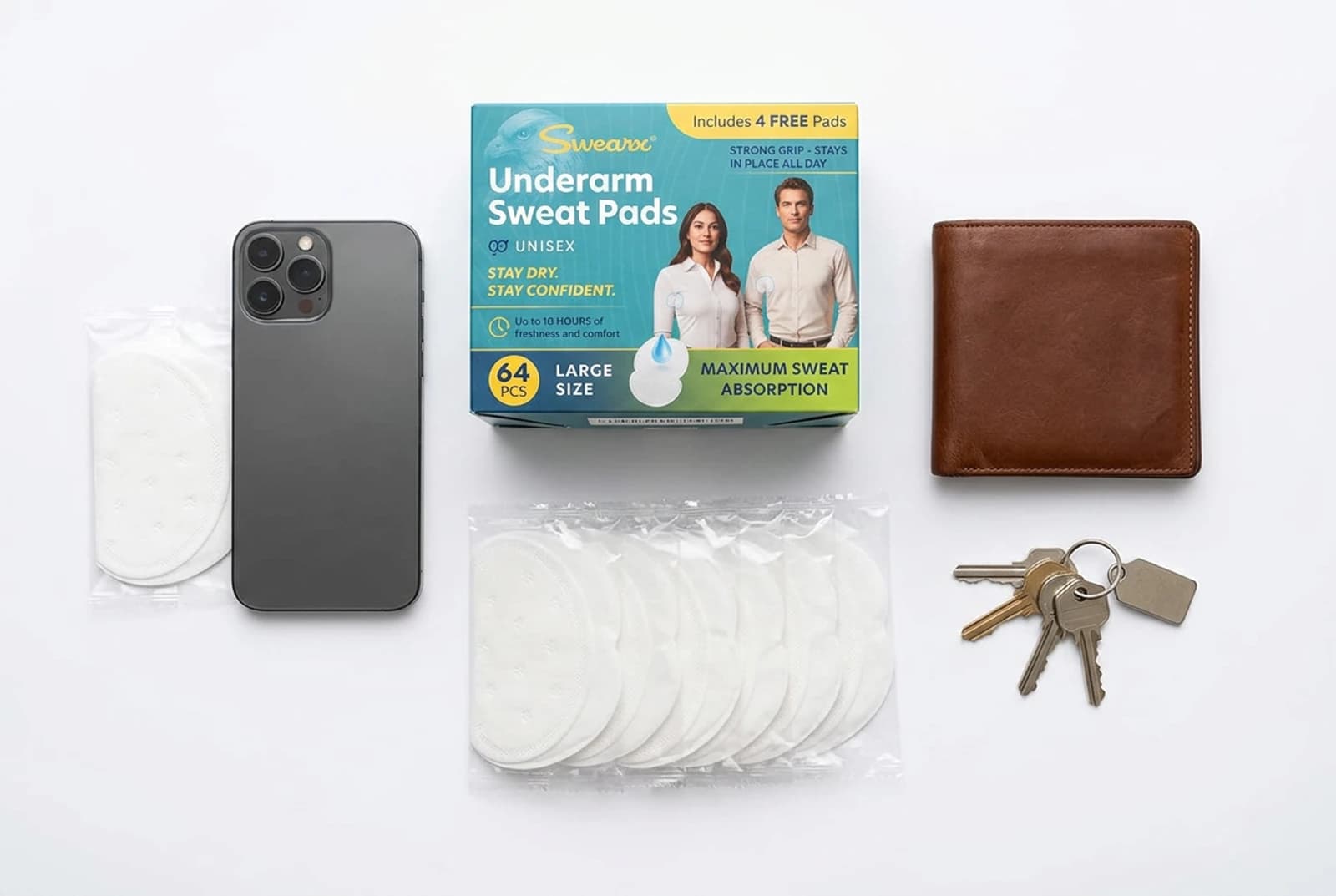 An individually wrapped SWEARX pair beside a phone, wallet, and keys.