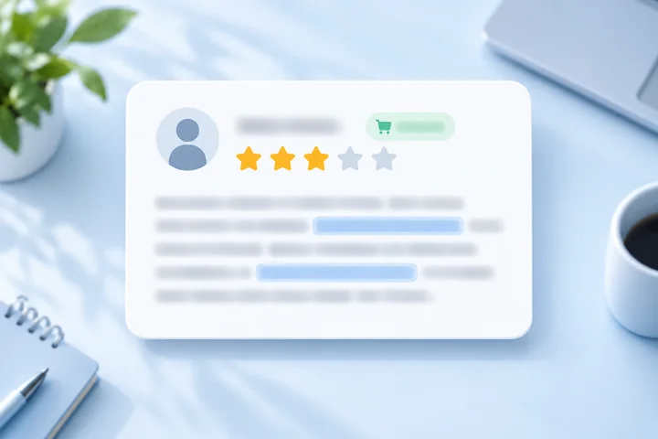 Illustration of an anonymous customer-review card with symbolic stars and blurred text; not an actual customer review or product rating.