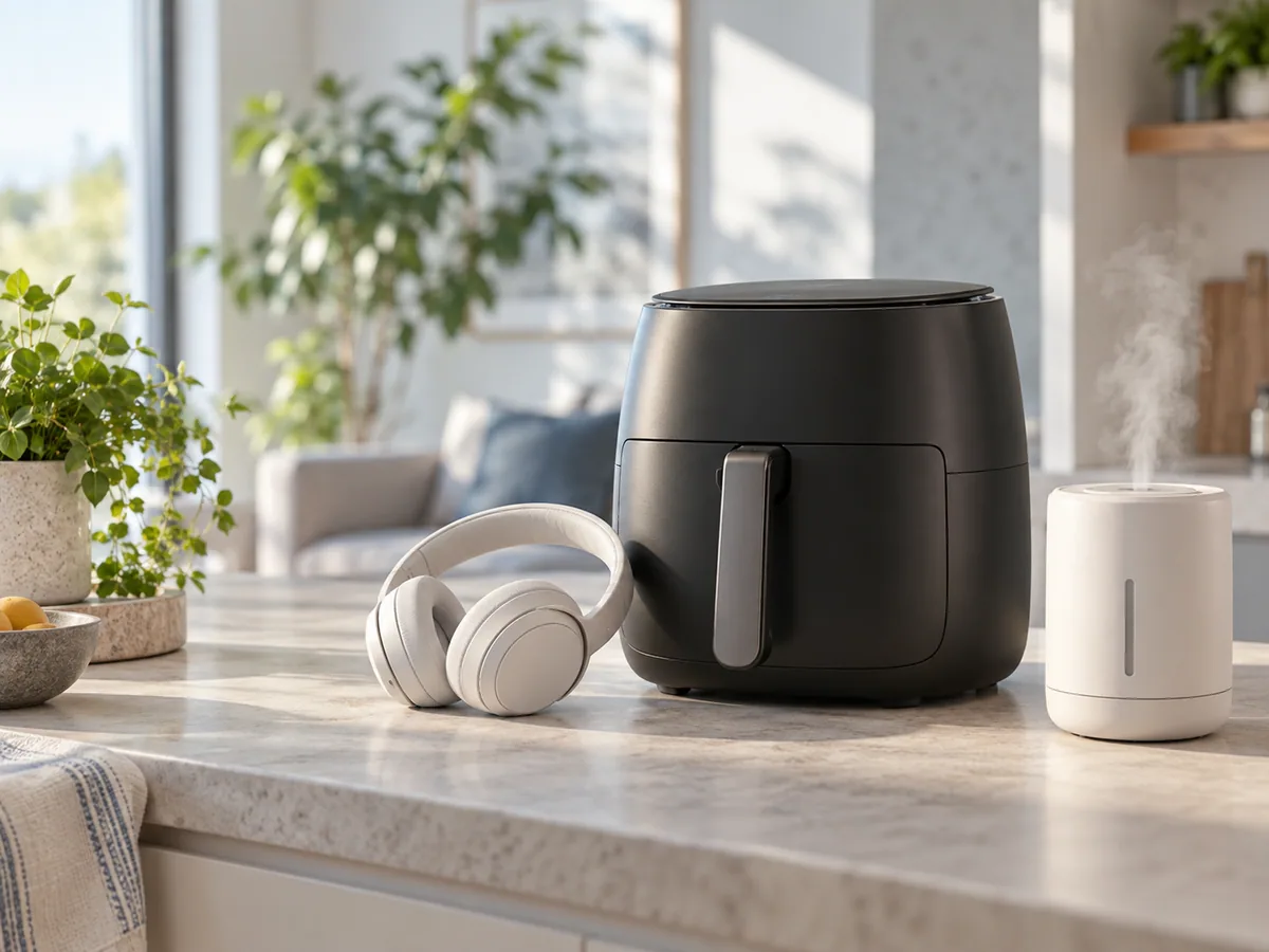 Illustrative assortment of an air fryer, headphones and humidifier.