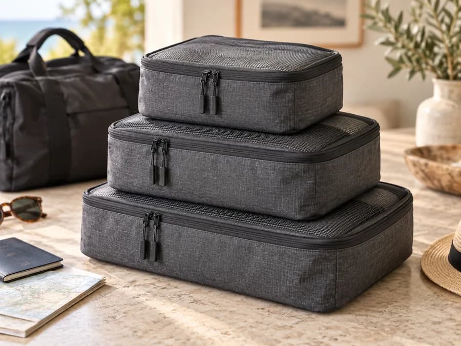 Illustrative unbranded packing cubes arranged for travel, not a reviewed product photo.