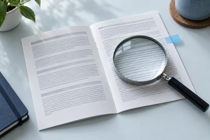 Illustrative warranty booklet and magnifying glass, not a real manufacturer's terms.