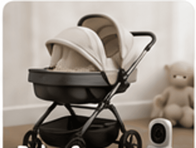 Baby stroller with a monitor in a calm family interior.
