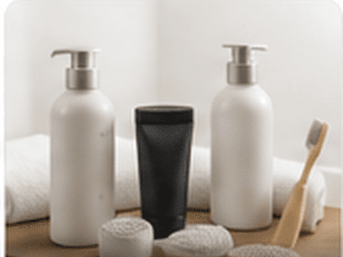 Neutral personal care bottles, tube, and toothbrush.