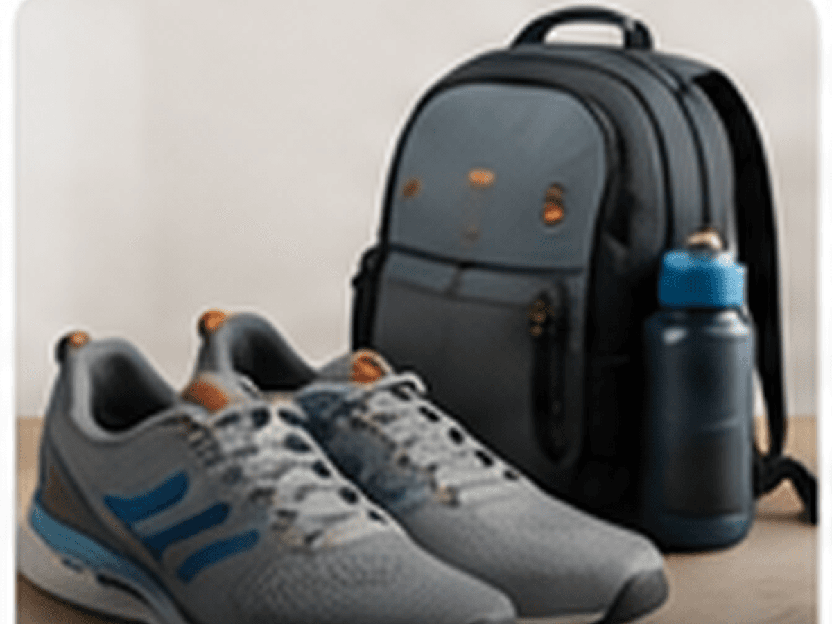 Sports and outdoor equipment arranged on a neutral surface.