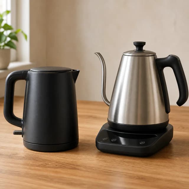 Compact and temperature-control electric kettles shown side by side.