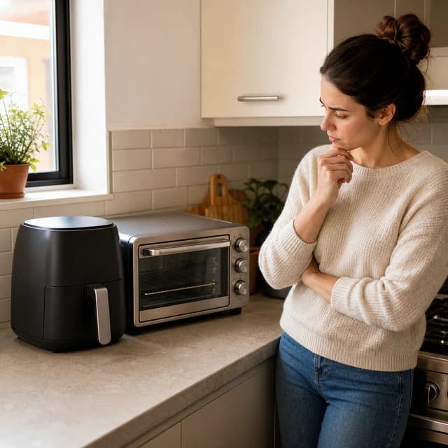 Person choosing between a compact air fryer and a toaster oven in a small kitchen.