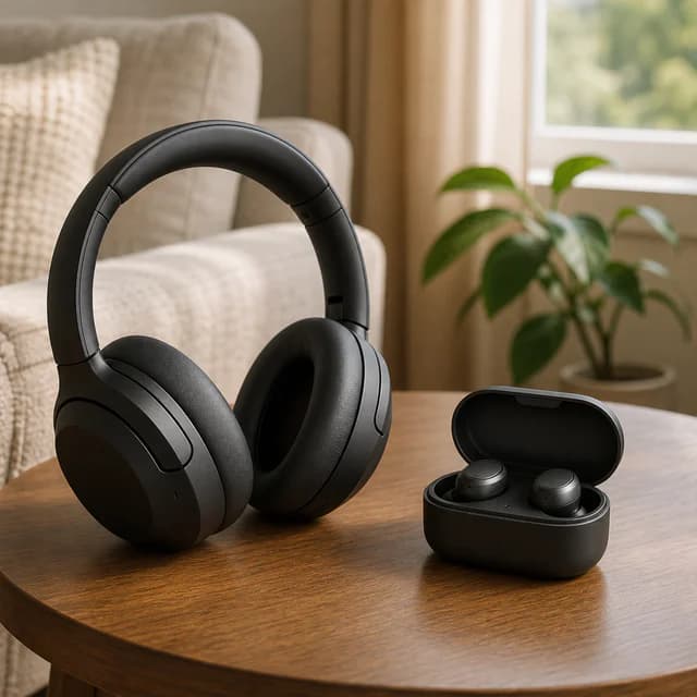 Over-ear headphones and compact earbuds showing clear practical trade-offs.