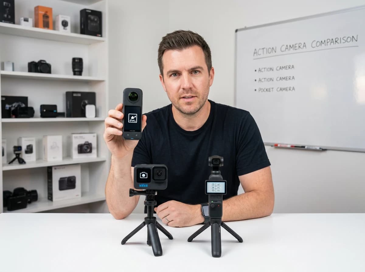 Three action cameras being compared side by side.