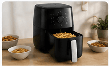 Air fryer on a warm neutral kitchen surface.