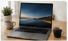 Open laptop on a tidy desk.