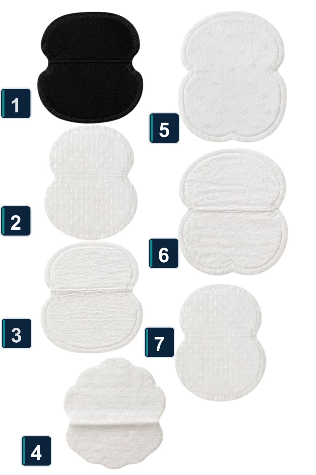 Seven photographed underarm sweat pads arranged together for shape and relative coverage comparison